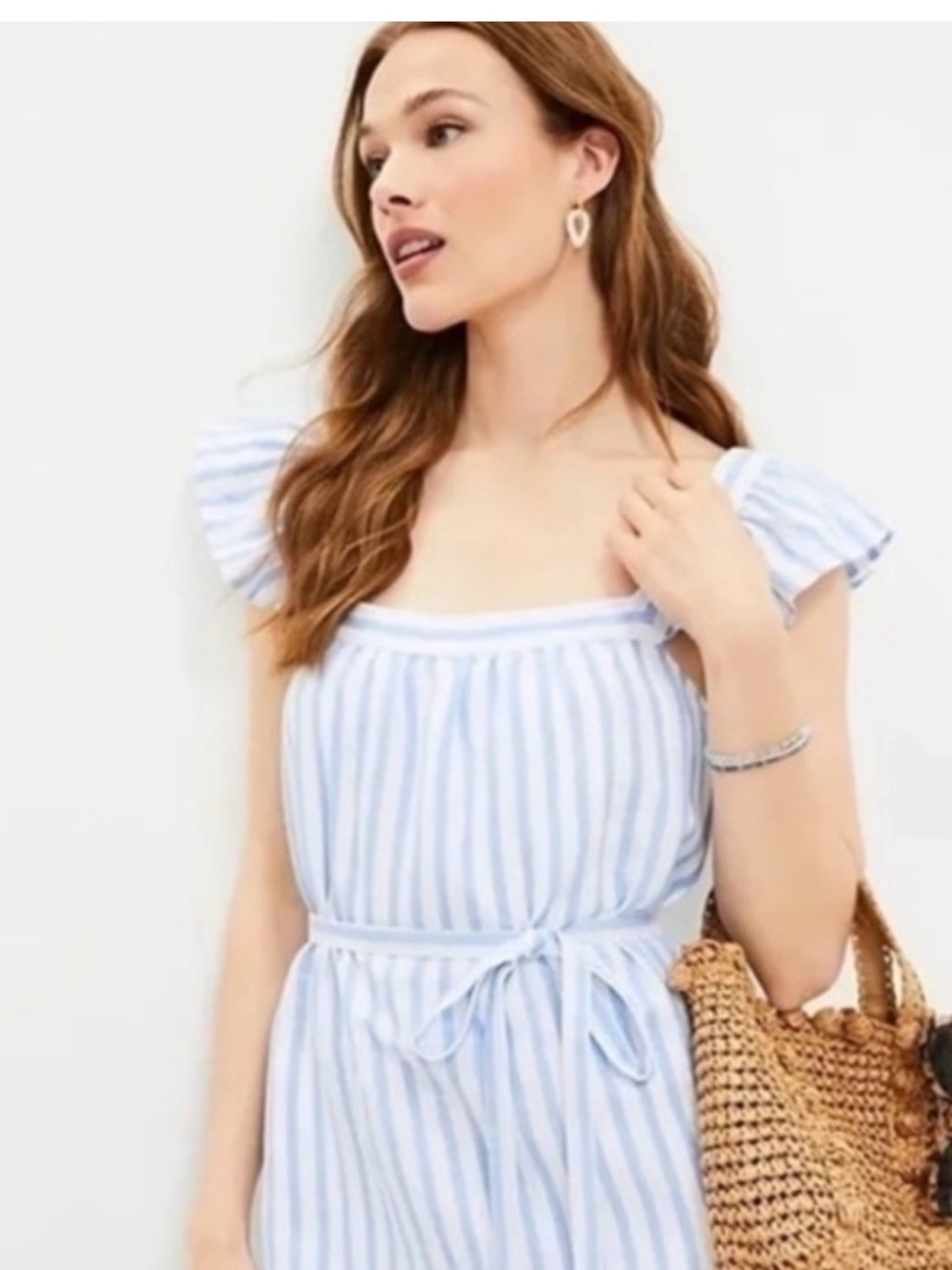 LOFT Blue and White Striped Square-Neck Midi Dress NWOT